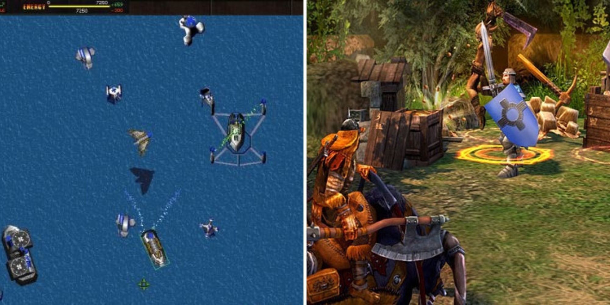 screenshots of combat from the strategy games Total Annihilation and Heroes of Might & Magic 5: Tribes of the East