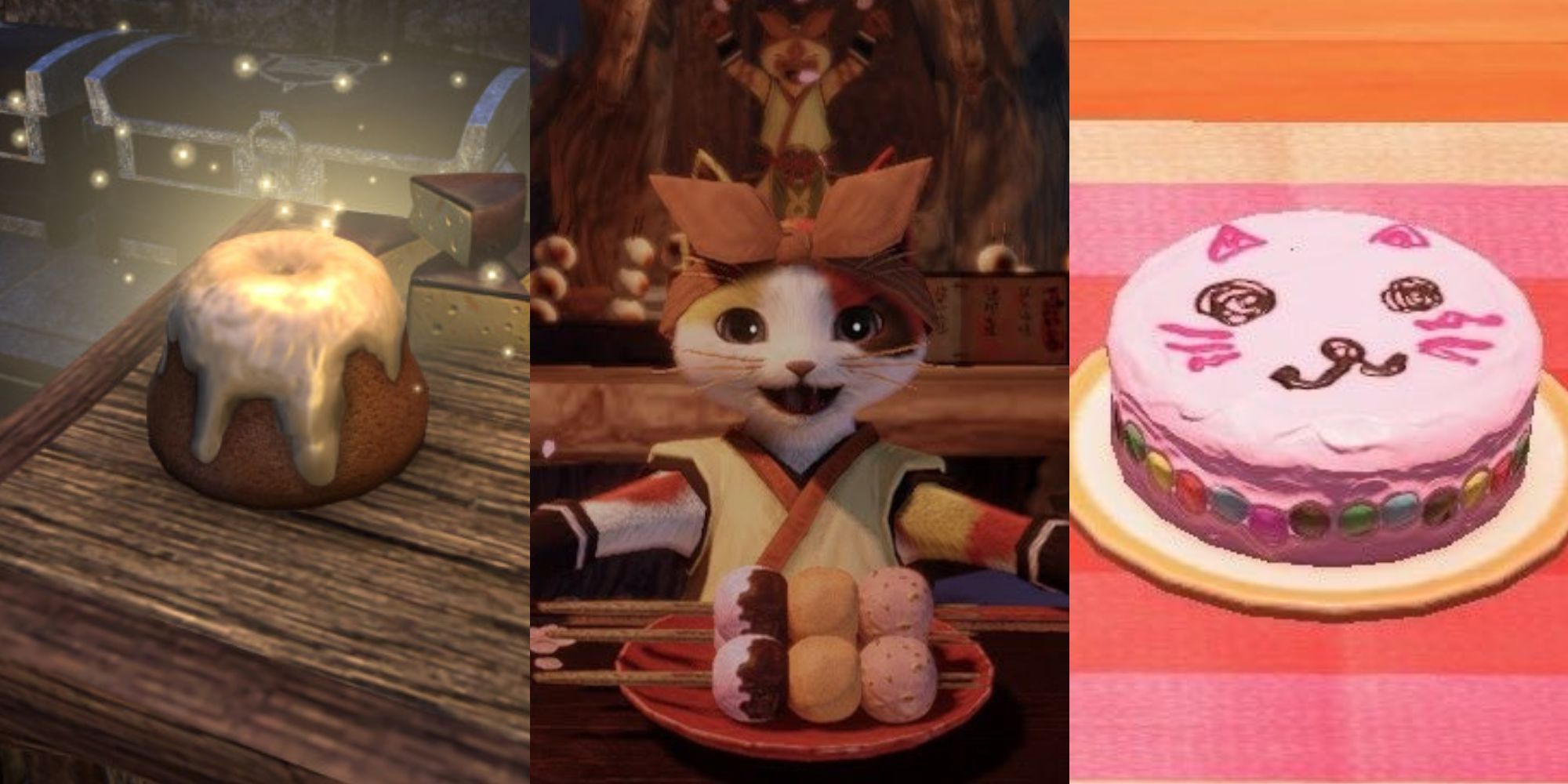Sweet Roll from Skyrim, Dango and Palico from Monster Hunter Rise and Moms Homemade Cake from Animal Crossing