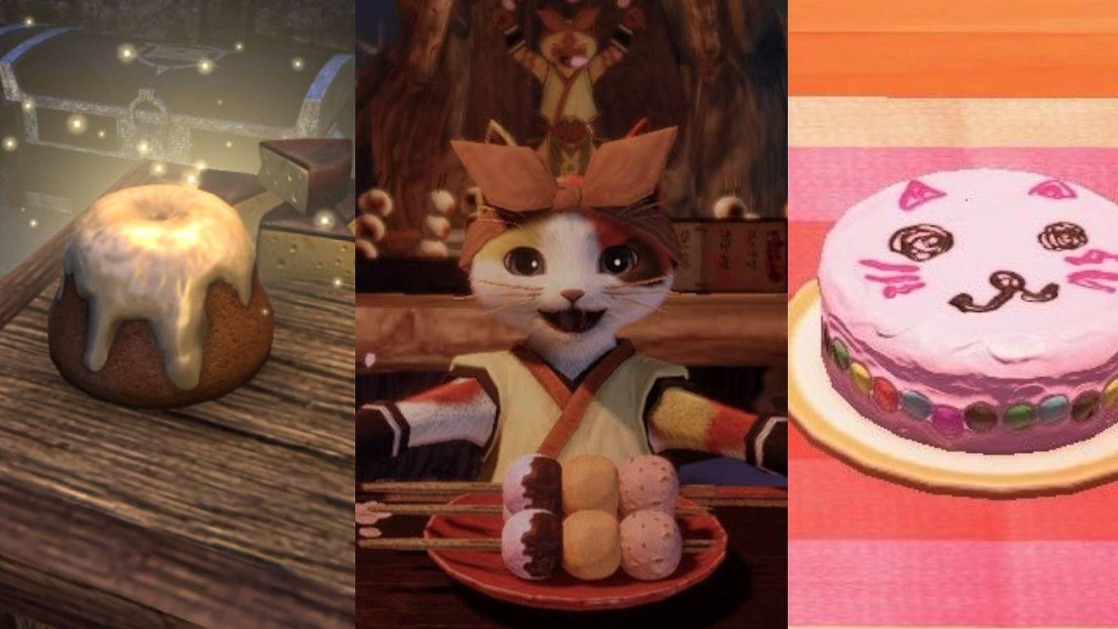 Sweet Roll from Skyrim, Dango and Palico from Monster Hunter Rise and Moms Homemade Cake from Animal Crossing
