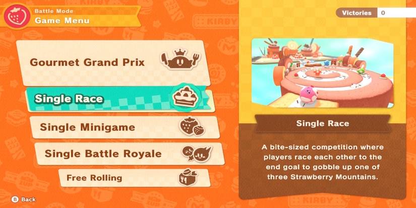 The mode select screen in Kirby's Dream Buffet