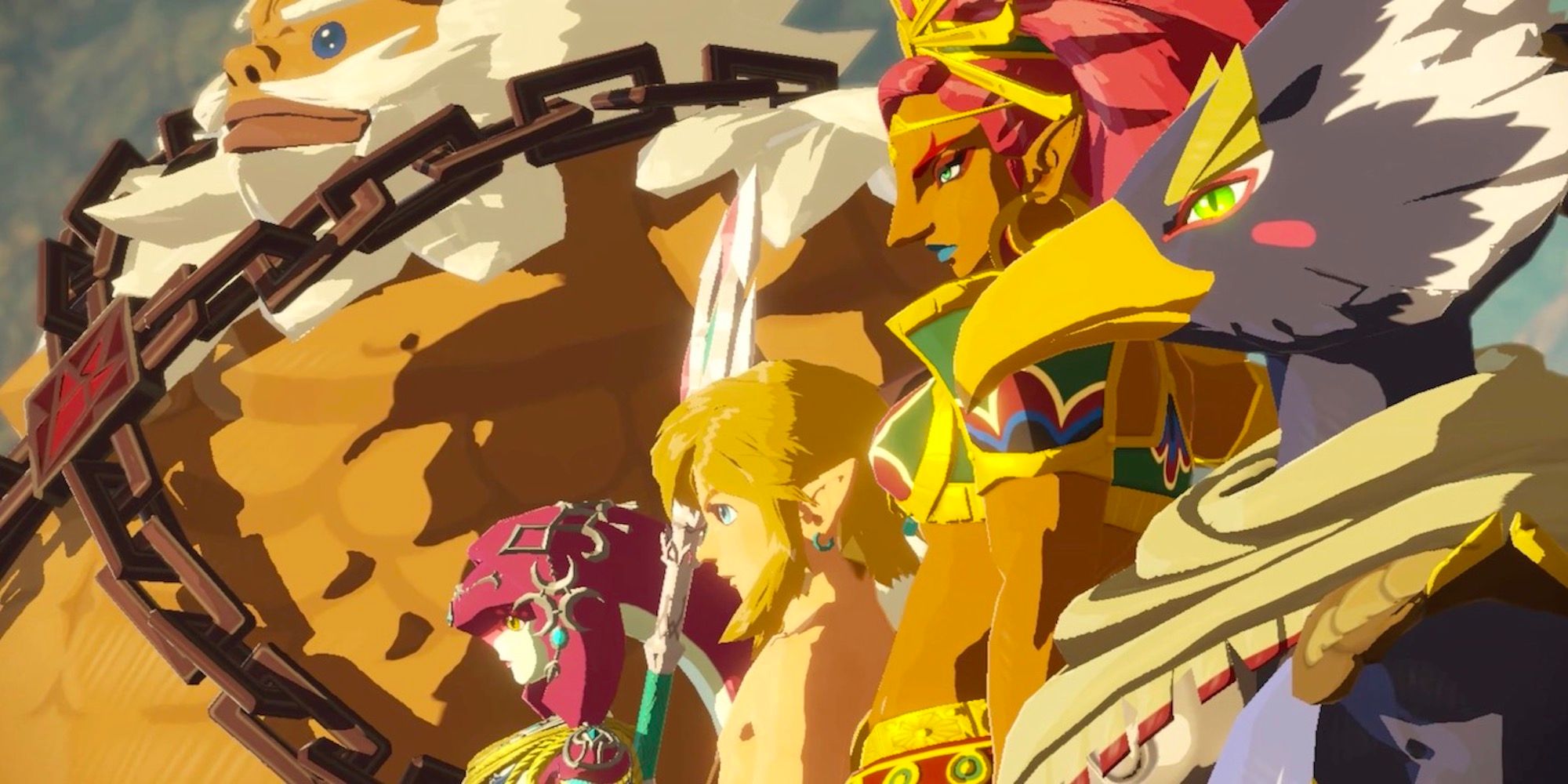 A cutscene featuring the Hyrule Warriors Age Of Calamity characters