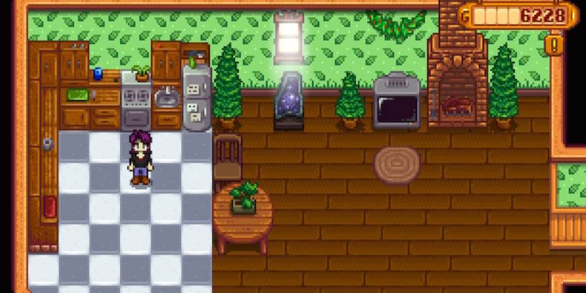 Character standing in the kitchen in Stardew Valley