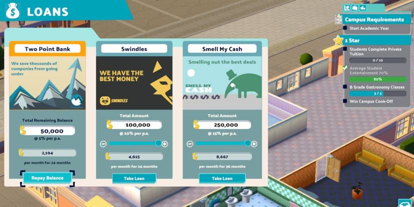 Three potential bank loans in Two Point Campus