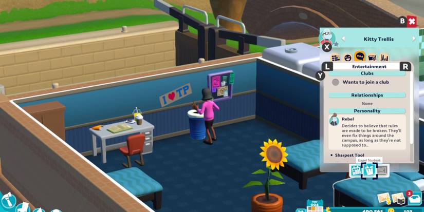 A rebel student emptying the trash in Two Point Campus