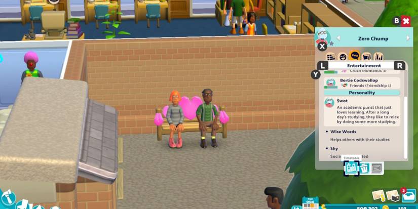 Two students sitting on a bench in Two Point Campus