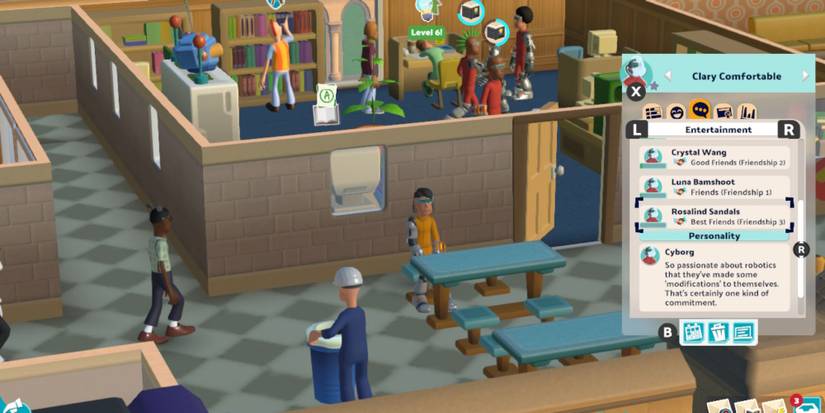 A cyborg sits at a table in Two Point Campus