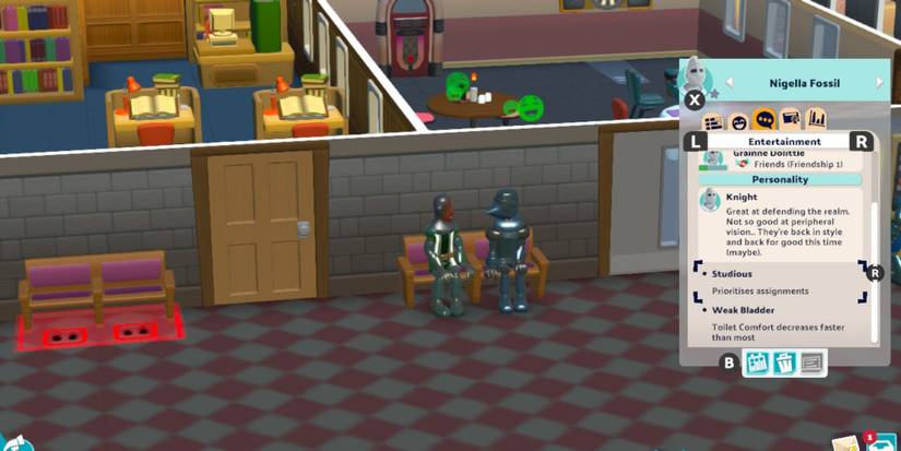 Two Knights talking on a bench in Two Point Campus