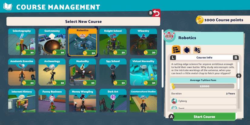 The course management screen in Two Point Campus