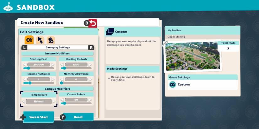 Gameplay settings in Sandbox Mode in Two Point Campus