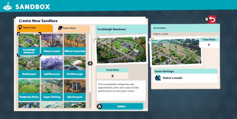 Sandbox Mode menu screen in Two Point Campus