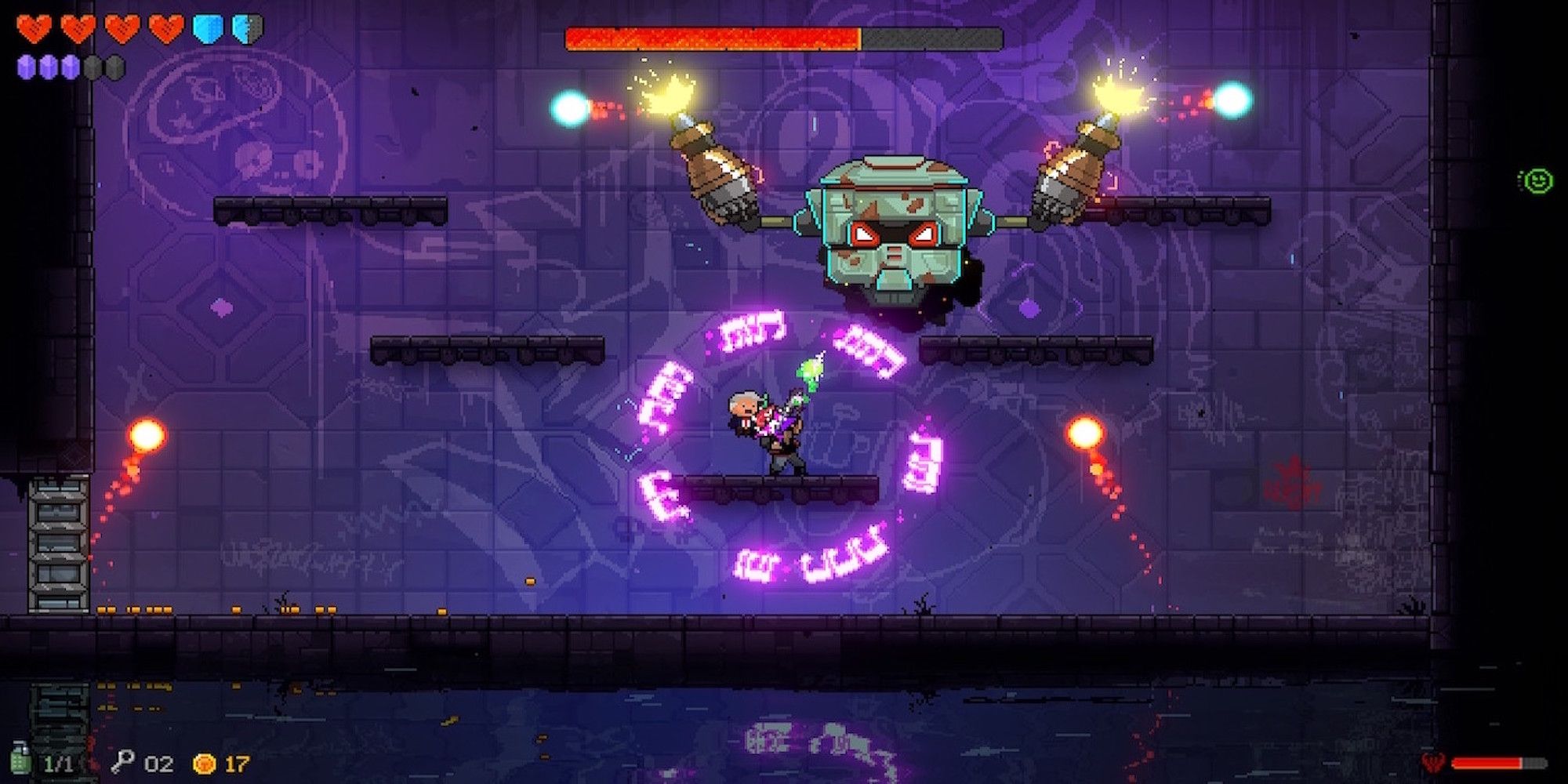 Fighting a boss in Neon Abyss