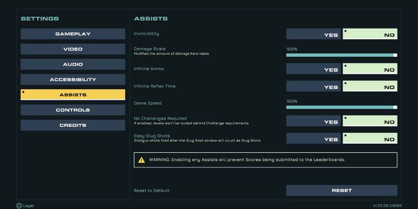 The assist features menu in Rollerdrome