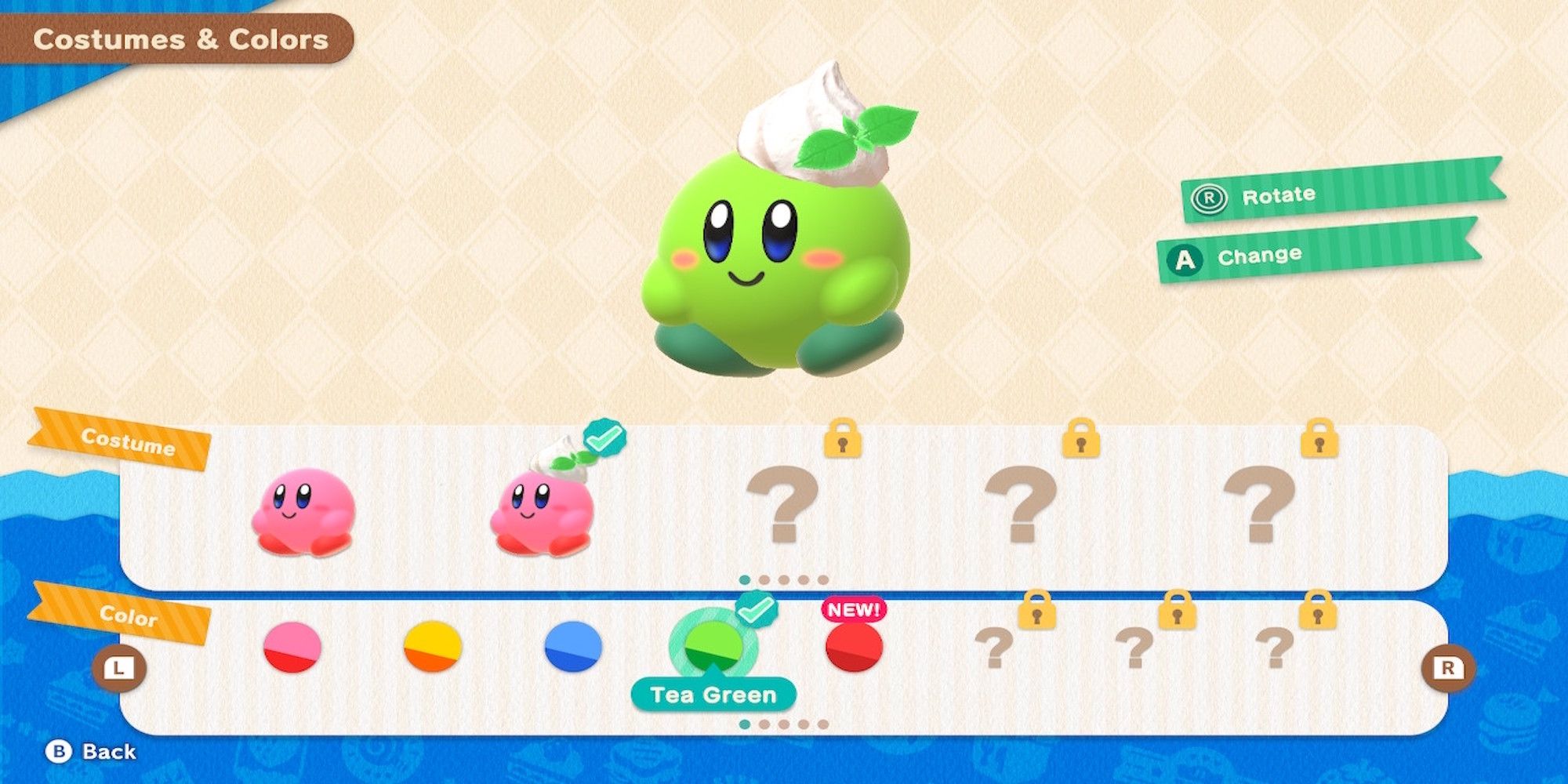 The costume menu in Kirby's Dream Buffet