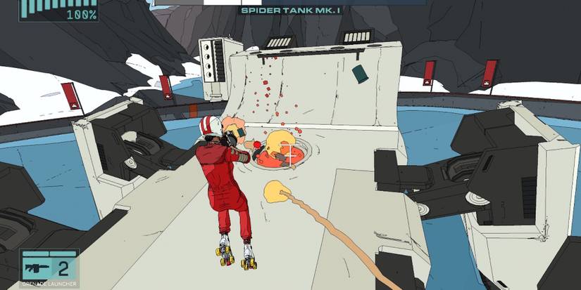 Fighting a boss in Rollerdrome