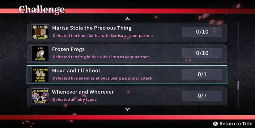The challenge menu in Koumajou Densetsu Scarlet Symphony