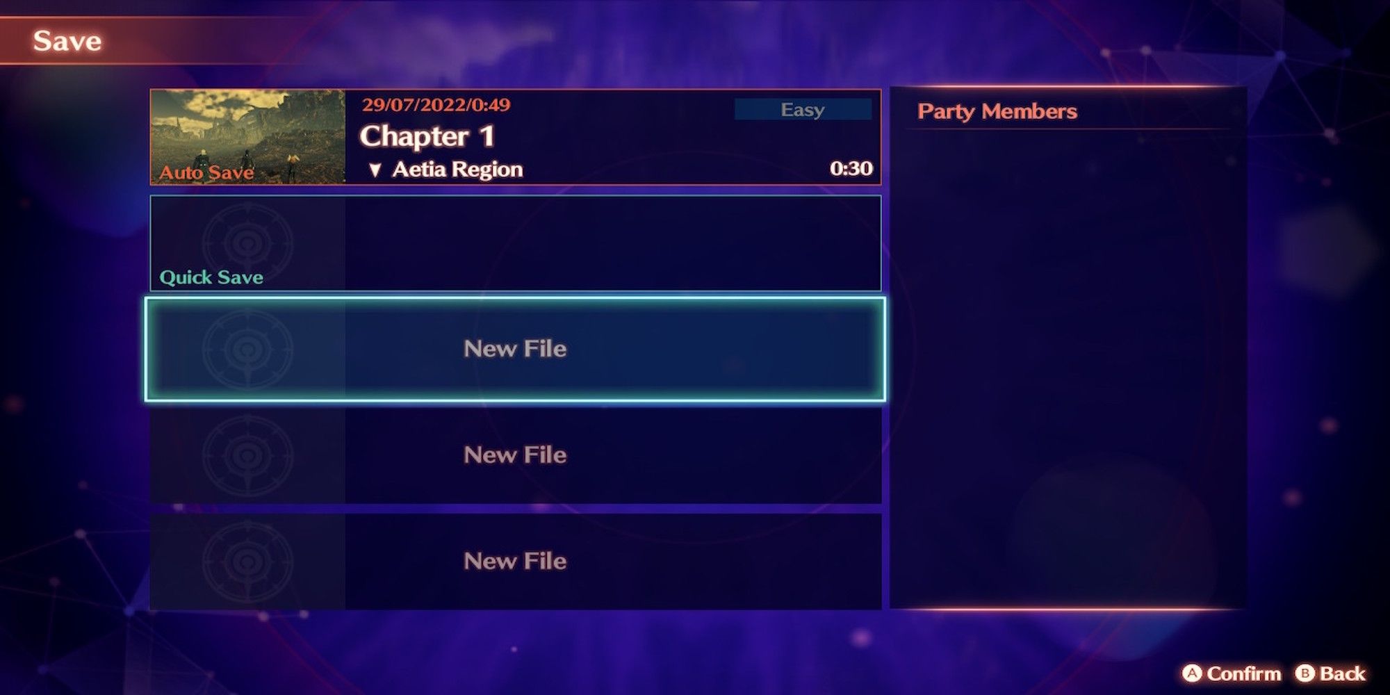 The save menu in Xenoblade Chronicles 3