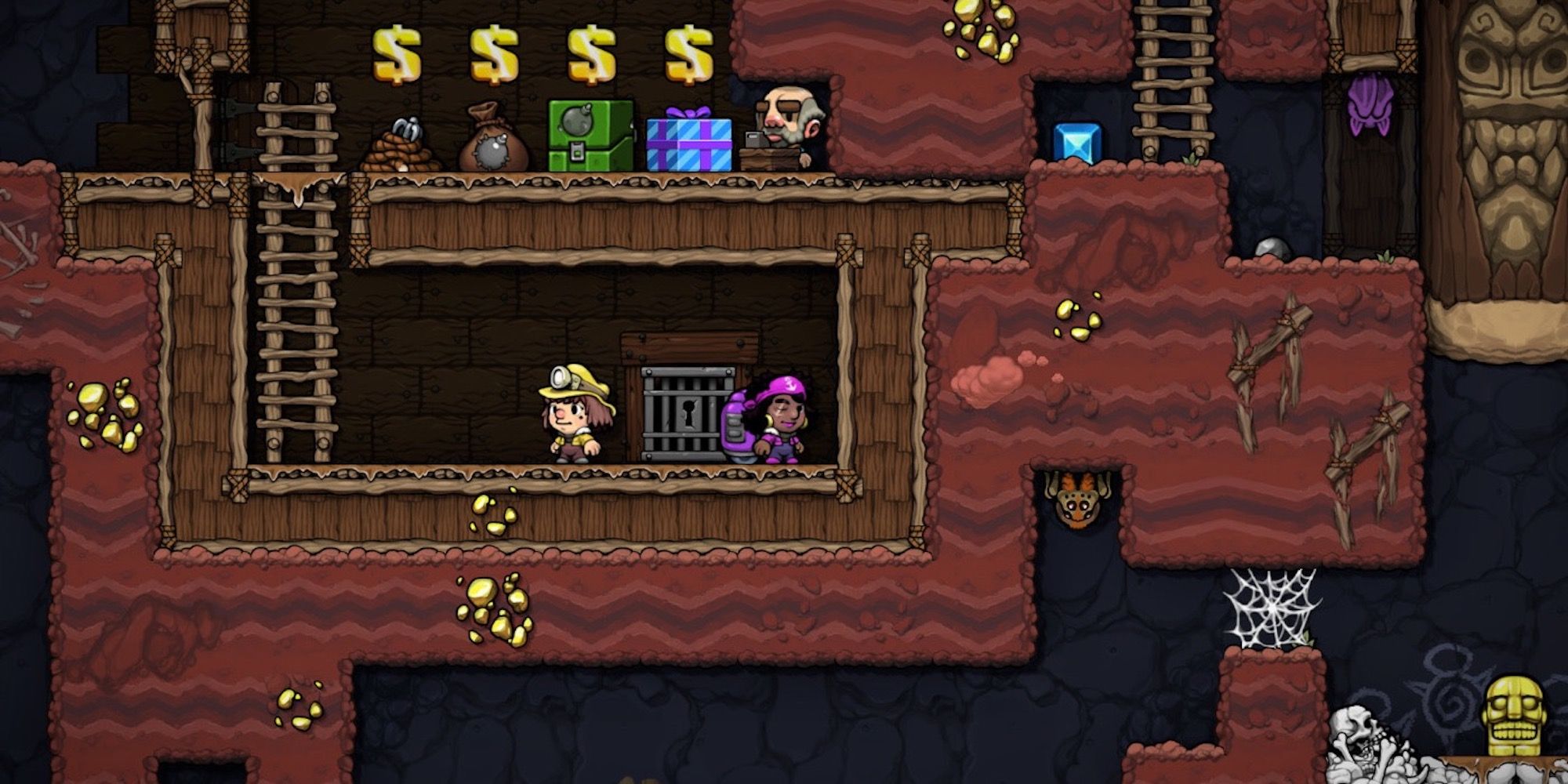 Exploring a dungeon in Spelunky 2