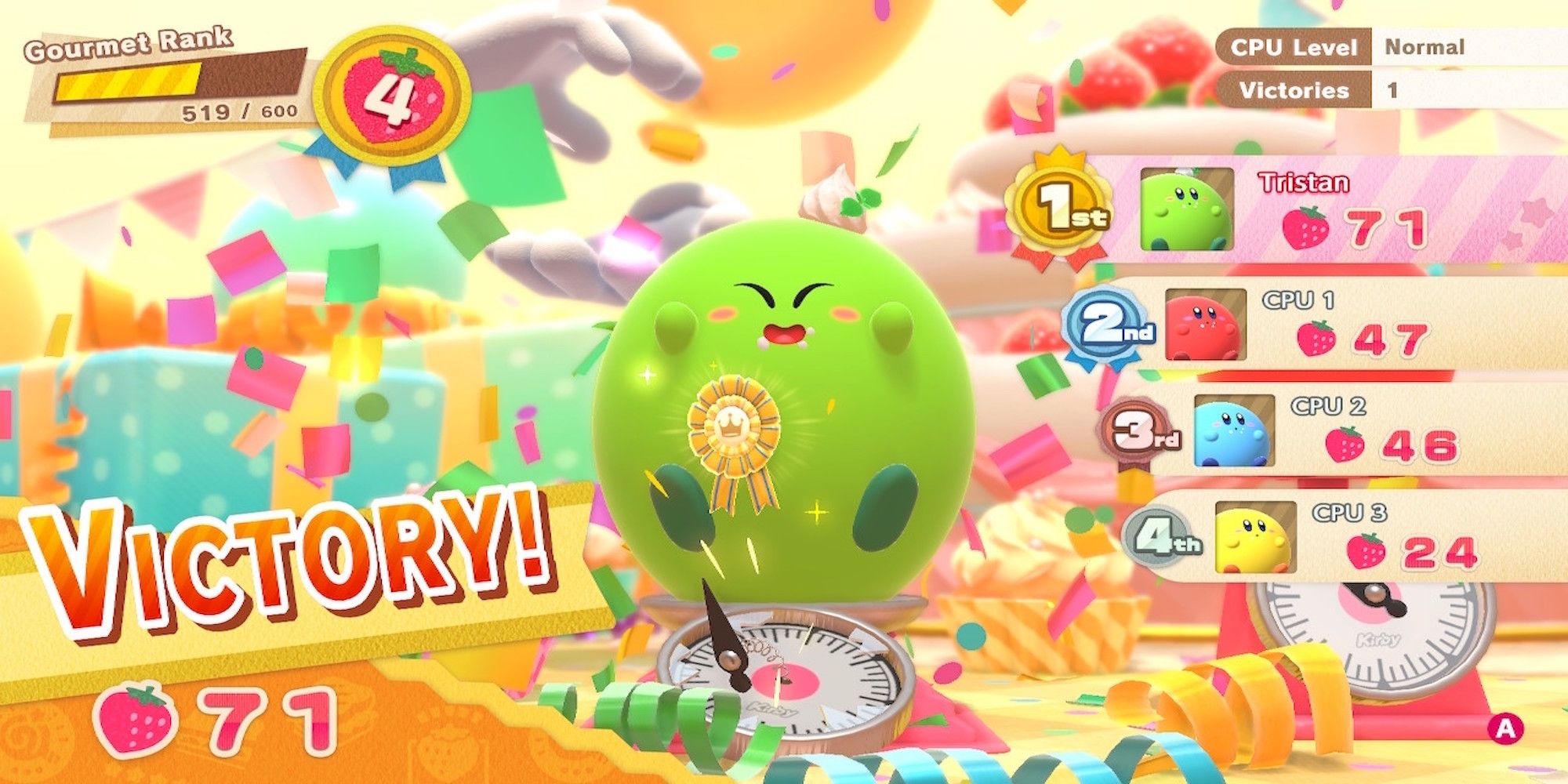 The reward screen in Kirby's Dream Buffet