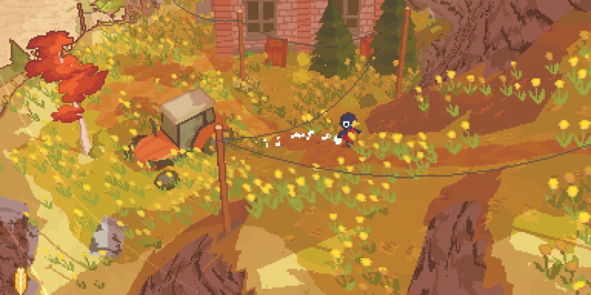 The player running up a hill in A Short Hike with a house and tractor in the background