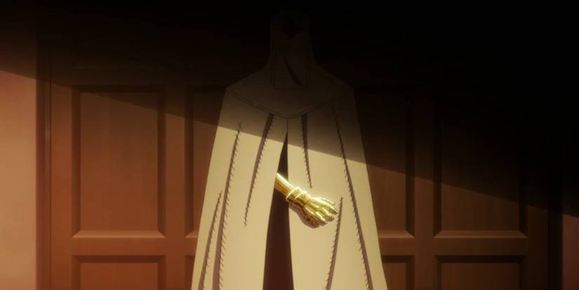 Fire Force - A person in white robe and a golden arm