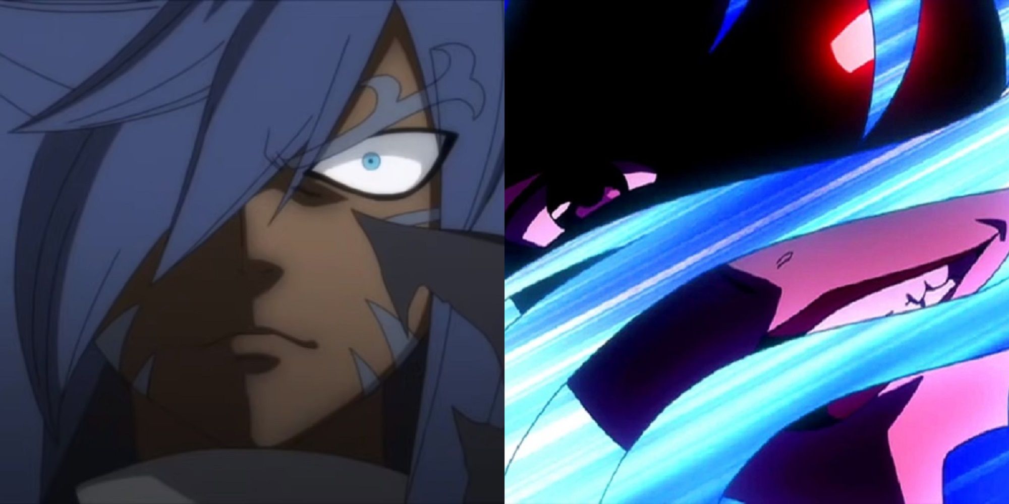 Split image of Acnologia smirking as he tortures Natsu and Minerva sadistically attacking Lucy in Fairy Tail