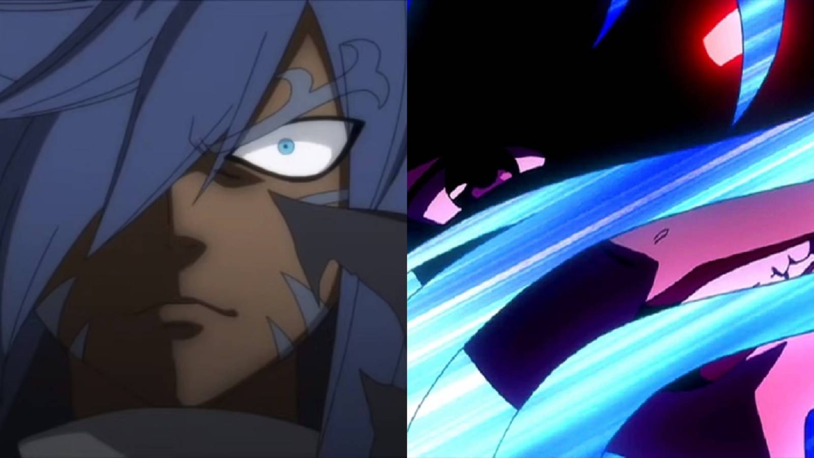 Split image of Acnologia smirking as he tortures Natsu and Minerva sadistically attacking Lucy in Fairy Tail