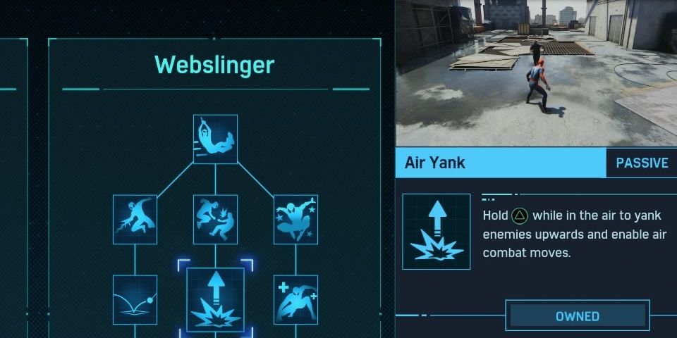 Air Yank skill from the Webslinger skill tree from the Marvel's Spider-Man Game
