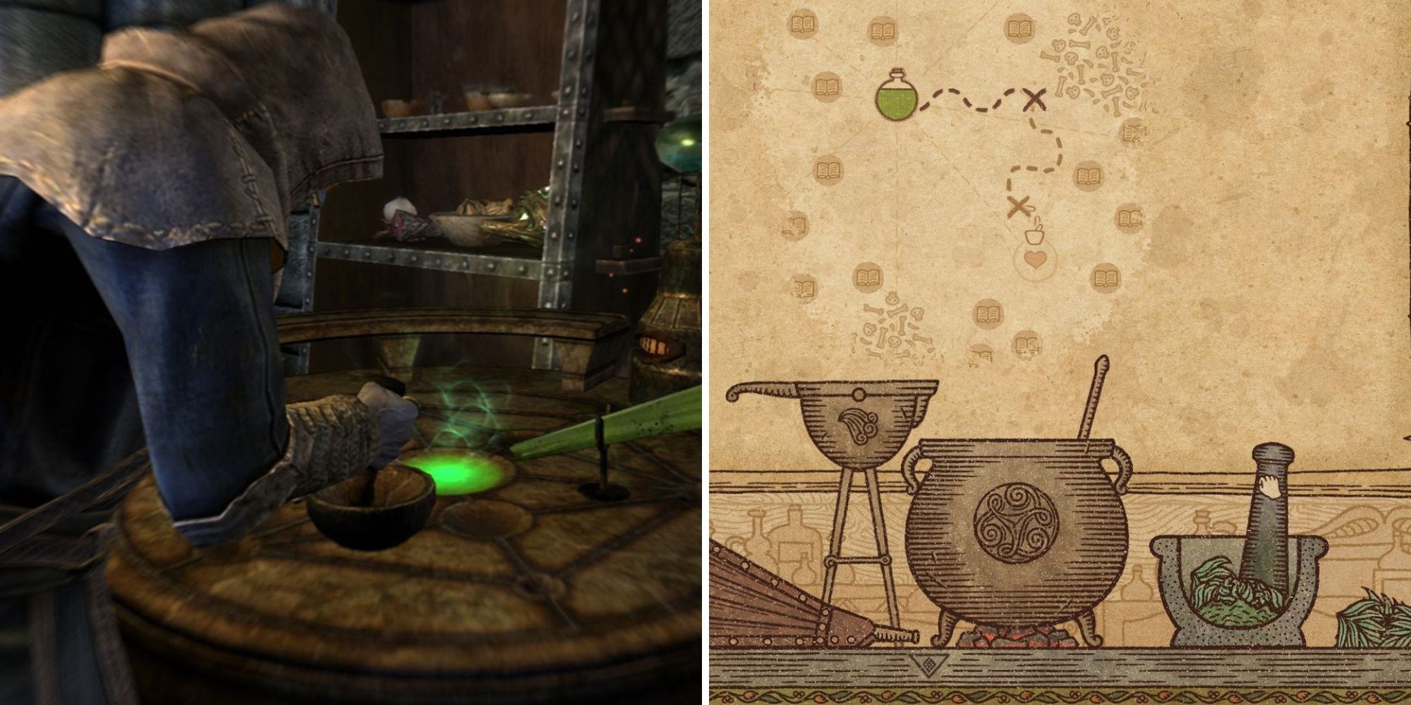 On the left is a mage grinding ingredients in Skyrim and on the right is someone grinding ingredients in Potion Craft