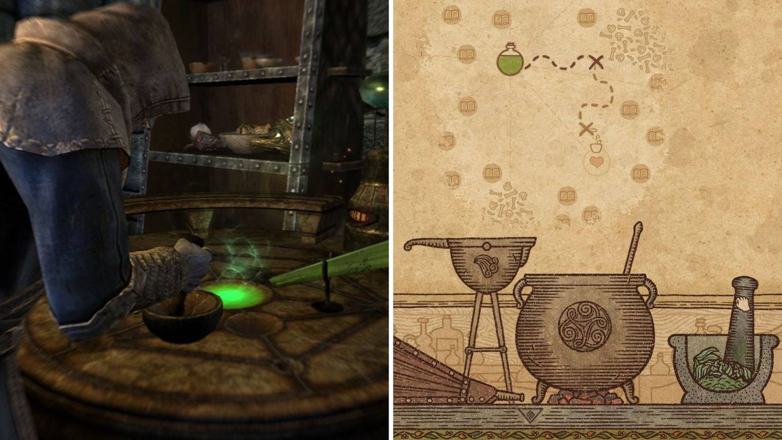 On the left is a mage grinding ingredients in Skyrim and on the right is someone grinding ingredients in Potion Craft