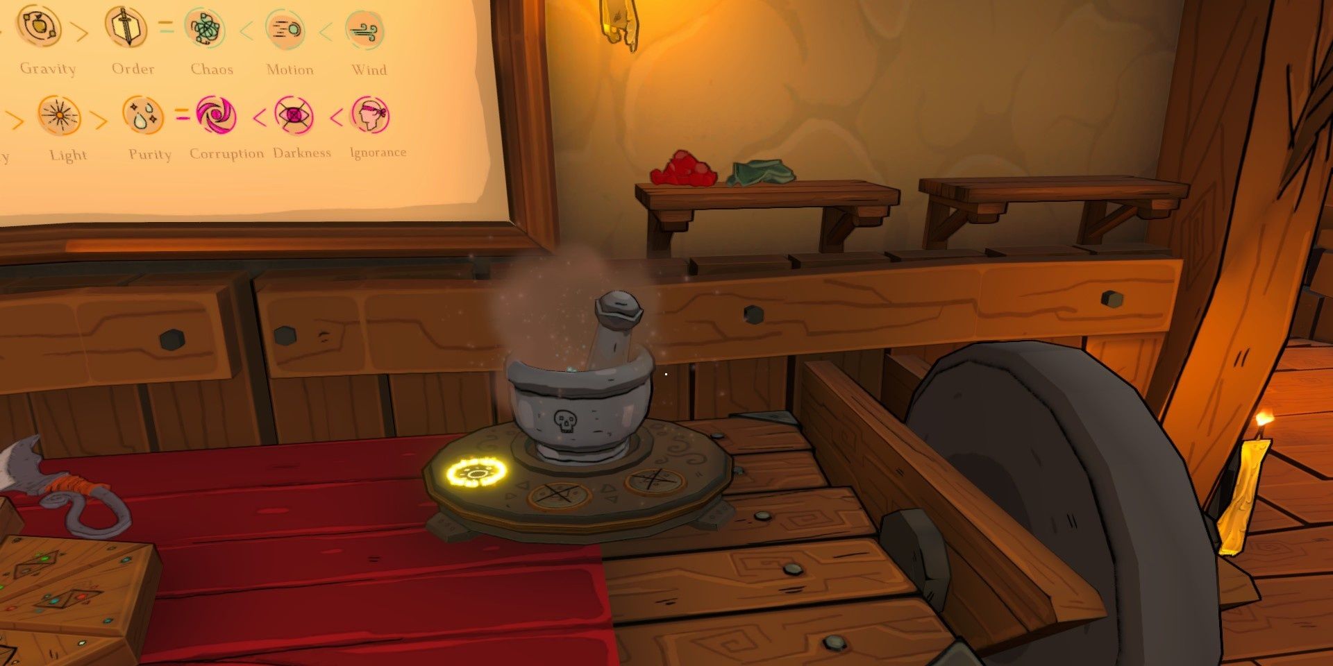 Using the mortar and pestle to grind ingredients in Alchemist Simulator