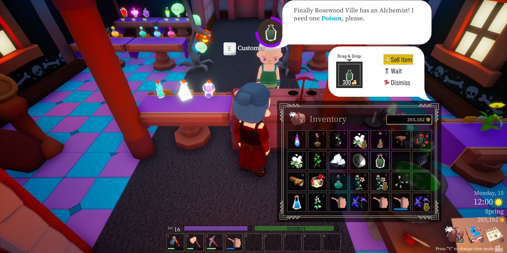 A client asking the alchemist for a poison in Alchemy Garden
