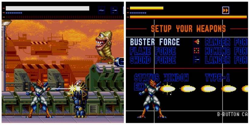 Left - Blasting aliens, Right - Selecting a weapon