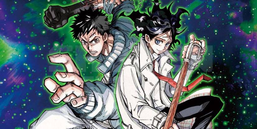 Manga poster featuring an angry young man with a metallic arm and an older man with a cane and wild hair