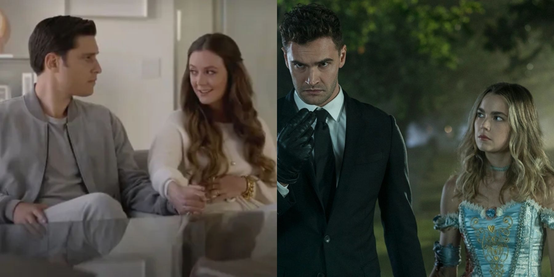 Split image of Ronan Rubenstein and Billie Lourd in American Horror Stories and Tom Bateman and Rebecca Rittenhouse in Into The Dark