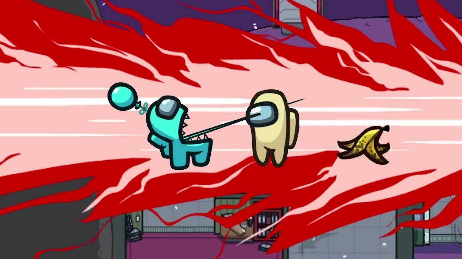 A cyan Impostor killing a banana Crewmate in Among Us