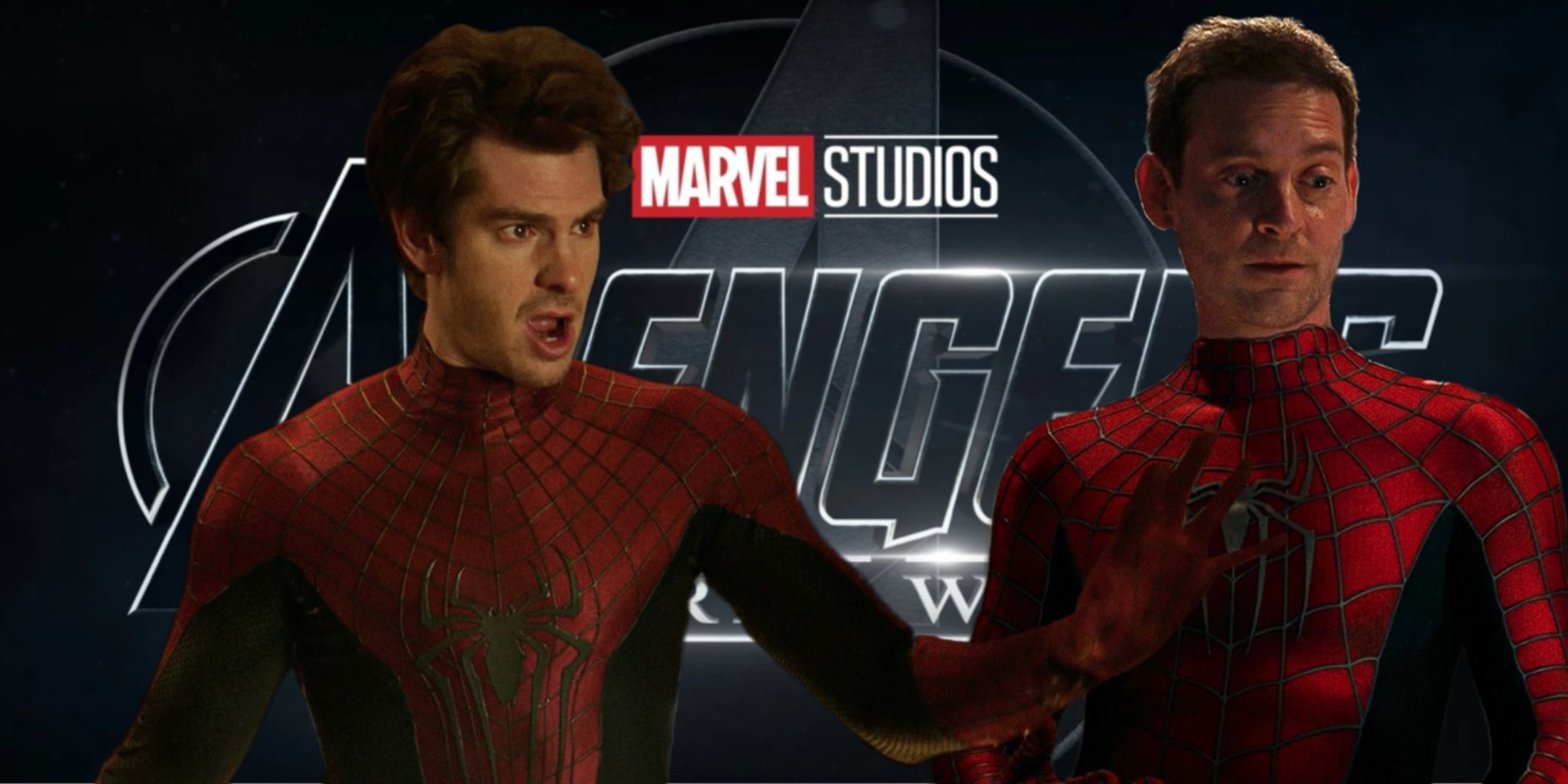 Andrew Garfield and Tobey Maguire as Spider-Man with the Avengers Secret Wars logo
