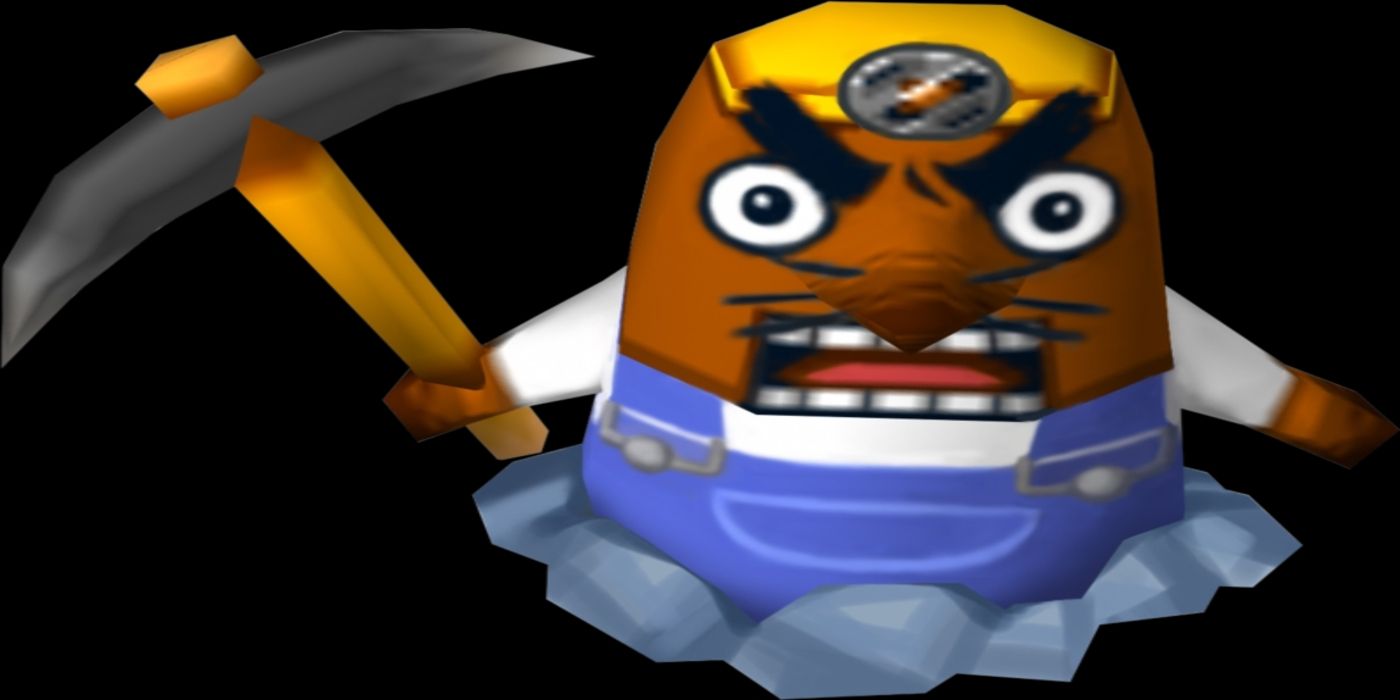 Mr. Resetti the Mole in Overalls and a Yellow Hardhat, with an irate expression on his face, wielding a pickaxe. Image source: Game Rant