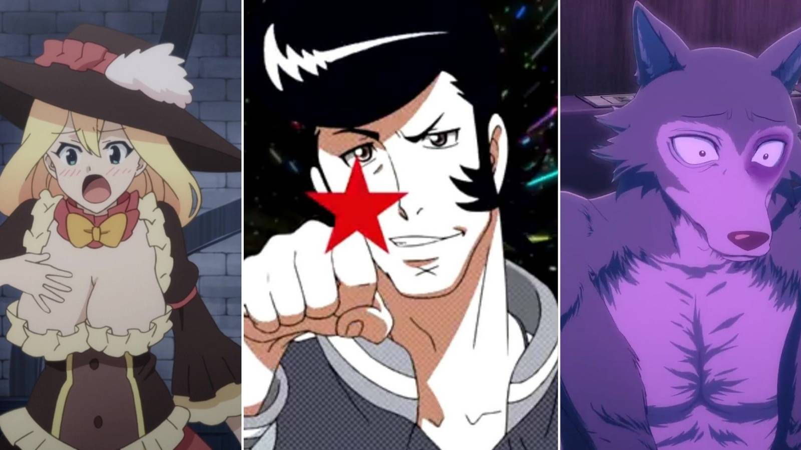 collage image of darkness from konosuba in a dress, Dandy from Space Dandy looking at the camera, and Legosi from Beastars looking bashful in a dark room