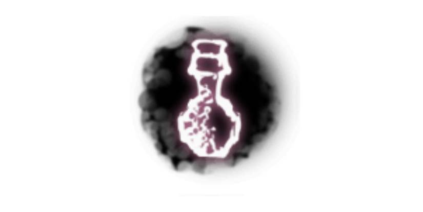 Antidote runic art symbol from Salt and Sacrifice, it shows a potion bottle in front of a black cloud