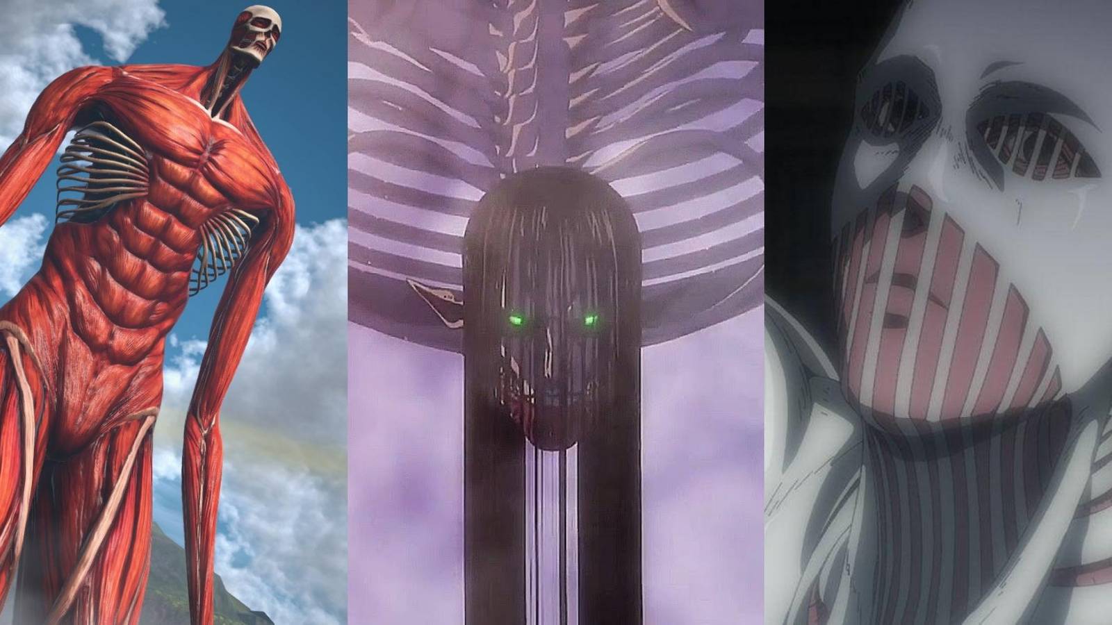 Armin's Colossal Titan, Eren's Founding Titan, Lara Tybur's War Hammer Titan in Attack On Titan