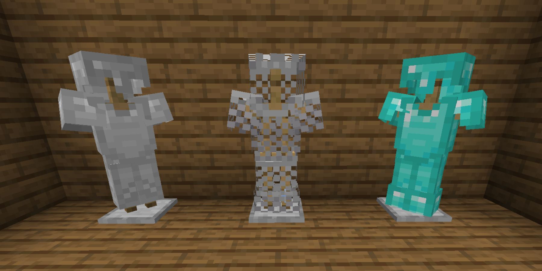 Minecraft chainmail armor, iron armor, and diamond armor on armor stands
