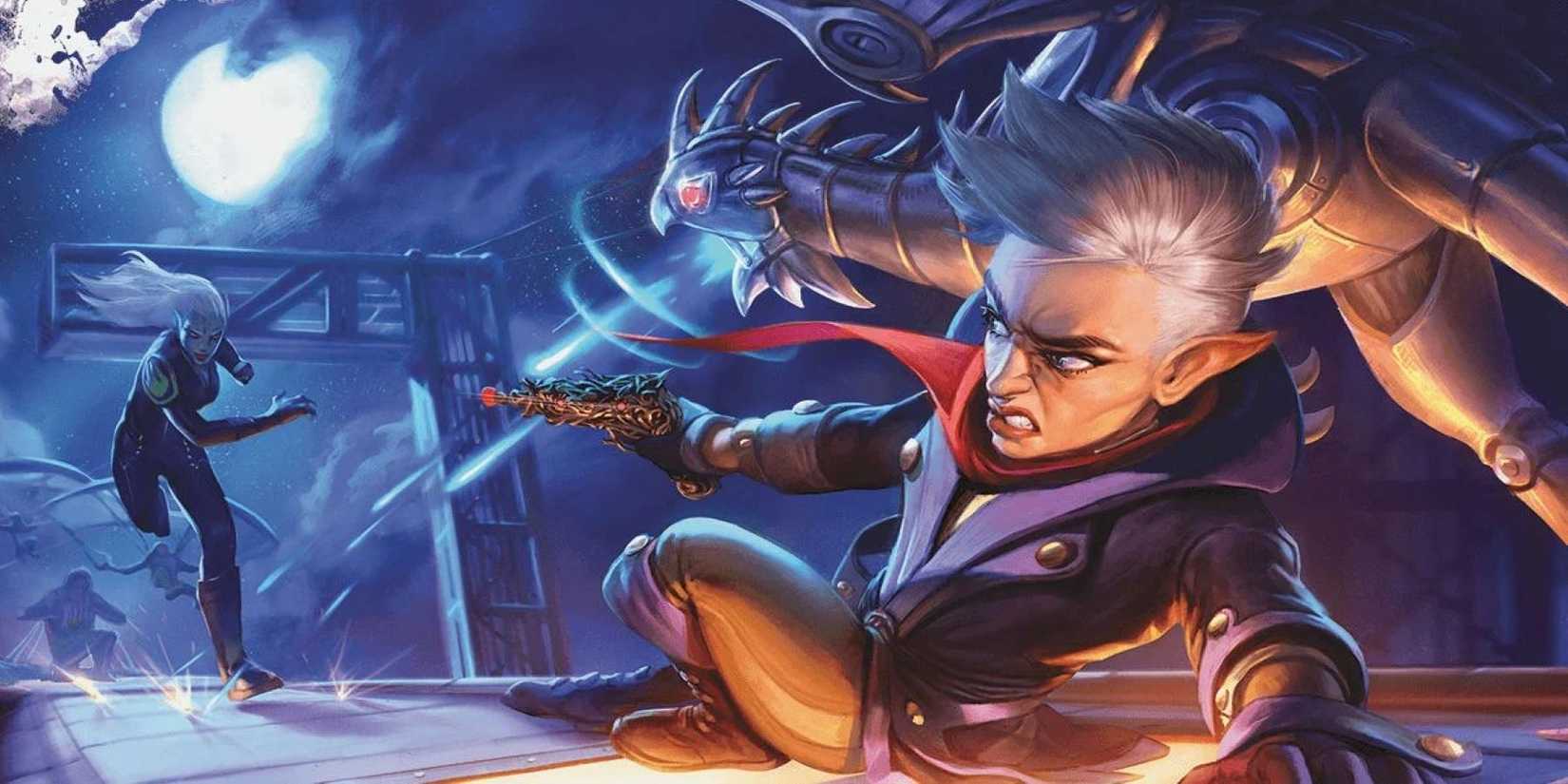 Dungeons & Dragons art showing a gnomish artificer and companion battling enemies on top of a train