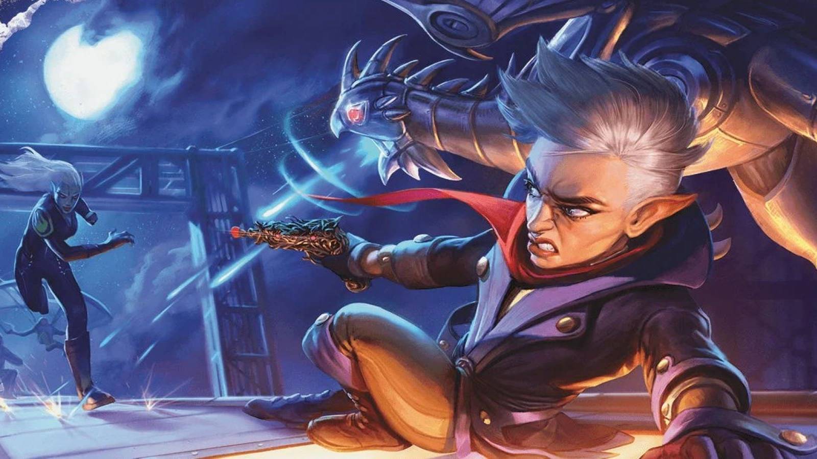 Dungeons & Dragons art showing a gnomish artificer and companion battling enemies on top of a train