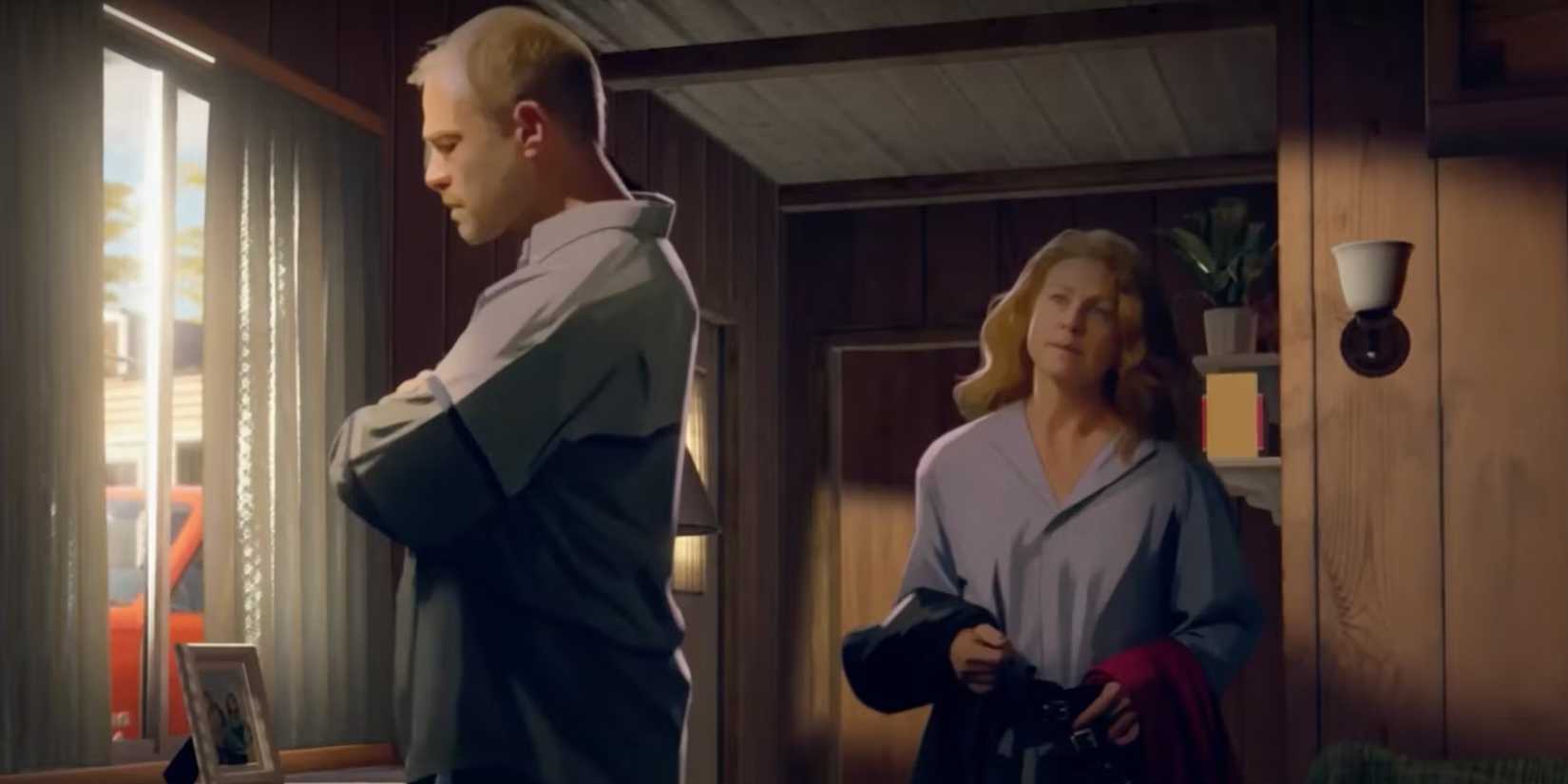 Paul crosses his arms while Sharon looks at him from behind in As Dusk Falls