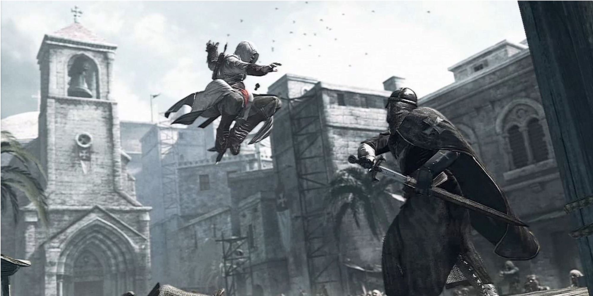 Altair performs a jumping strike on a templar in Assassin's Creed