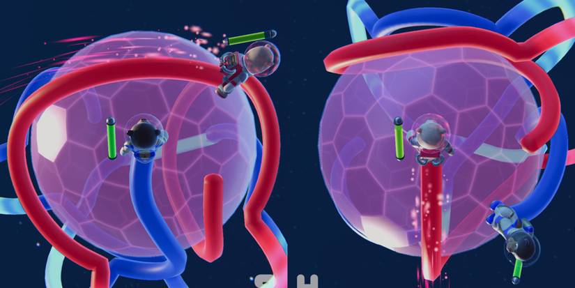 Two players running around a planet avoiding eachothers tubes in Astro Bears