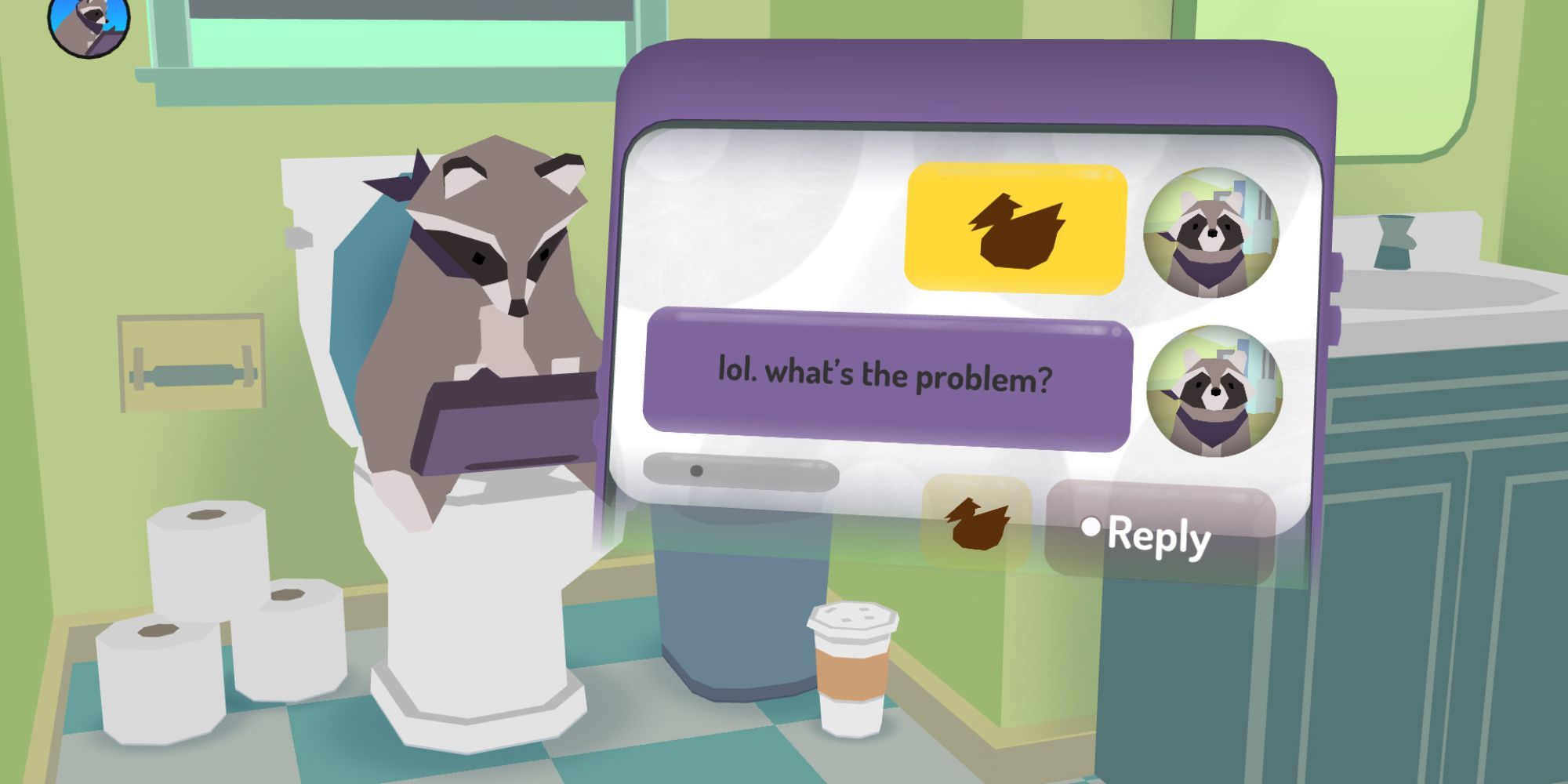 BK in Donut County sat on a toilet holding an iPad texting Mira