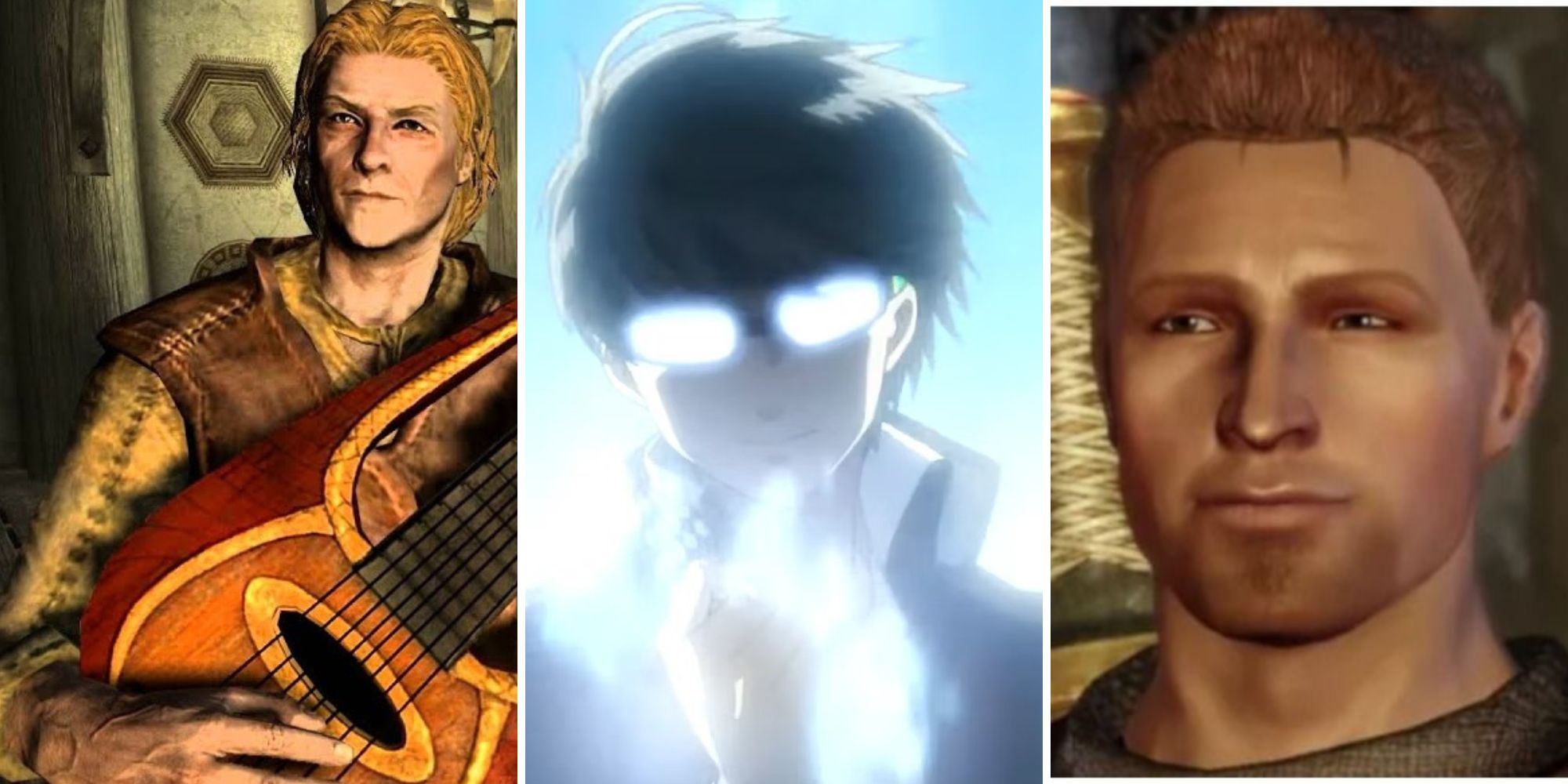 Three close ups of Mikael from Skyrim, Yu Narukami from Persona 4 Golden and Alistair from Dragon Age Origins
