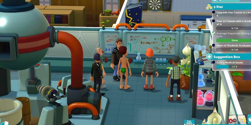 A student with no clothes on stands with his peers in Two Point Campus