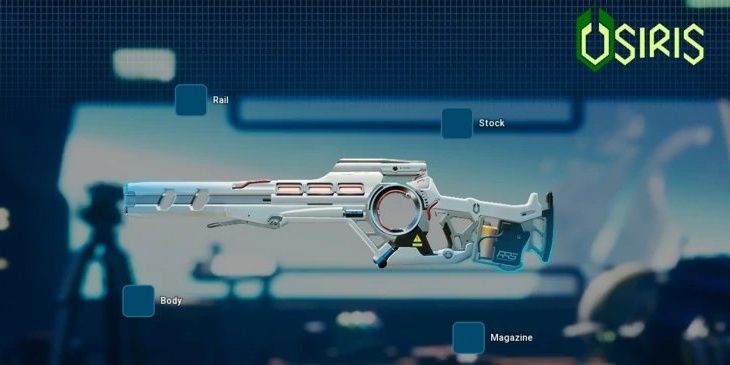The Basilisk sniper rifle from The Cycle: Frontier, the Osiris Faction logo is in the top right corner